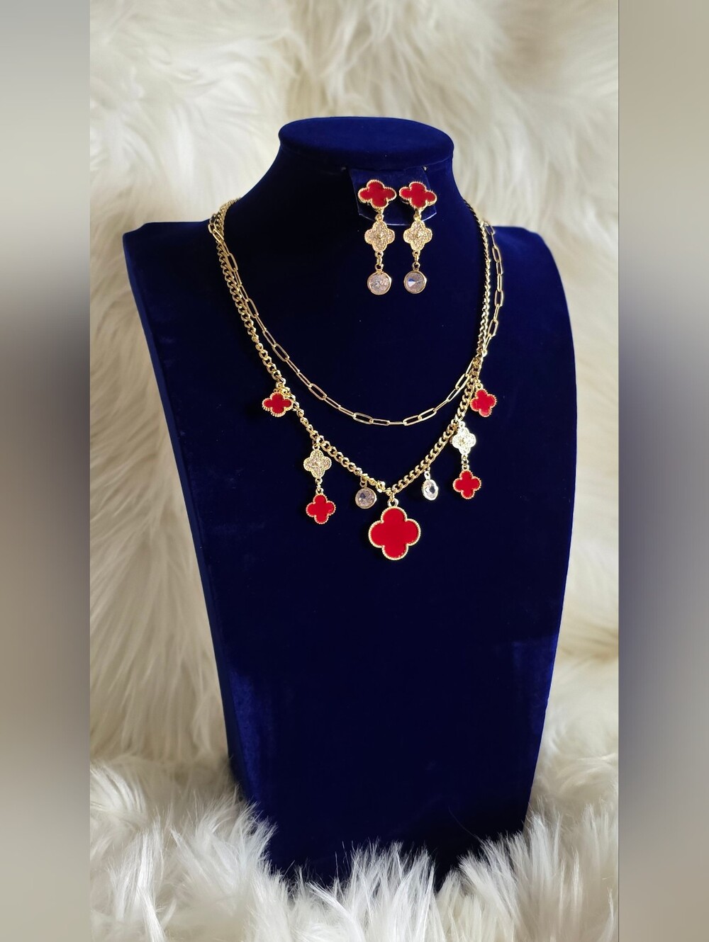 Gold-Plated Red Clover Pendant Necklace and Earring Set